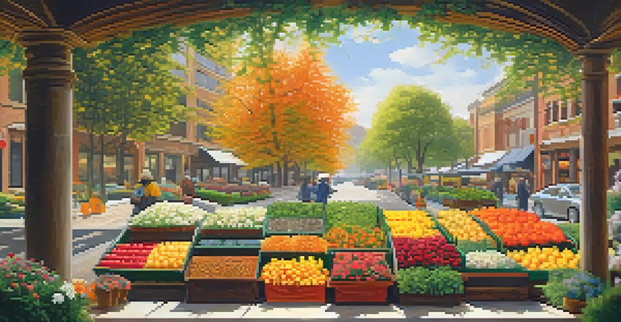 A landscape illustrating the four phases of market cycles represented as seasons: spring, summer, autumn, and winter, with warm lighting and vibrant colors.