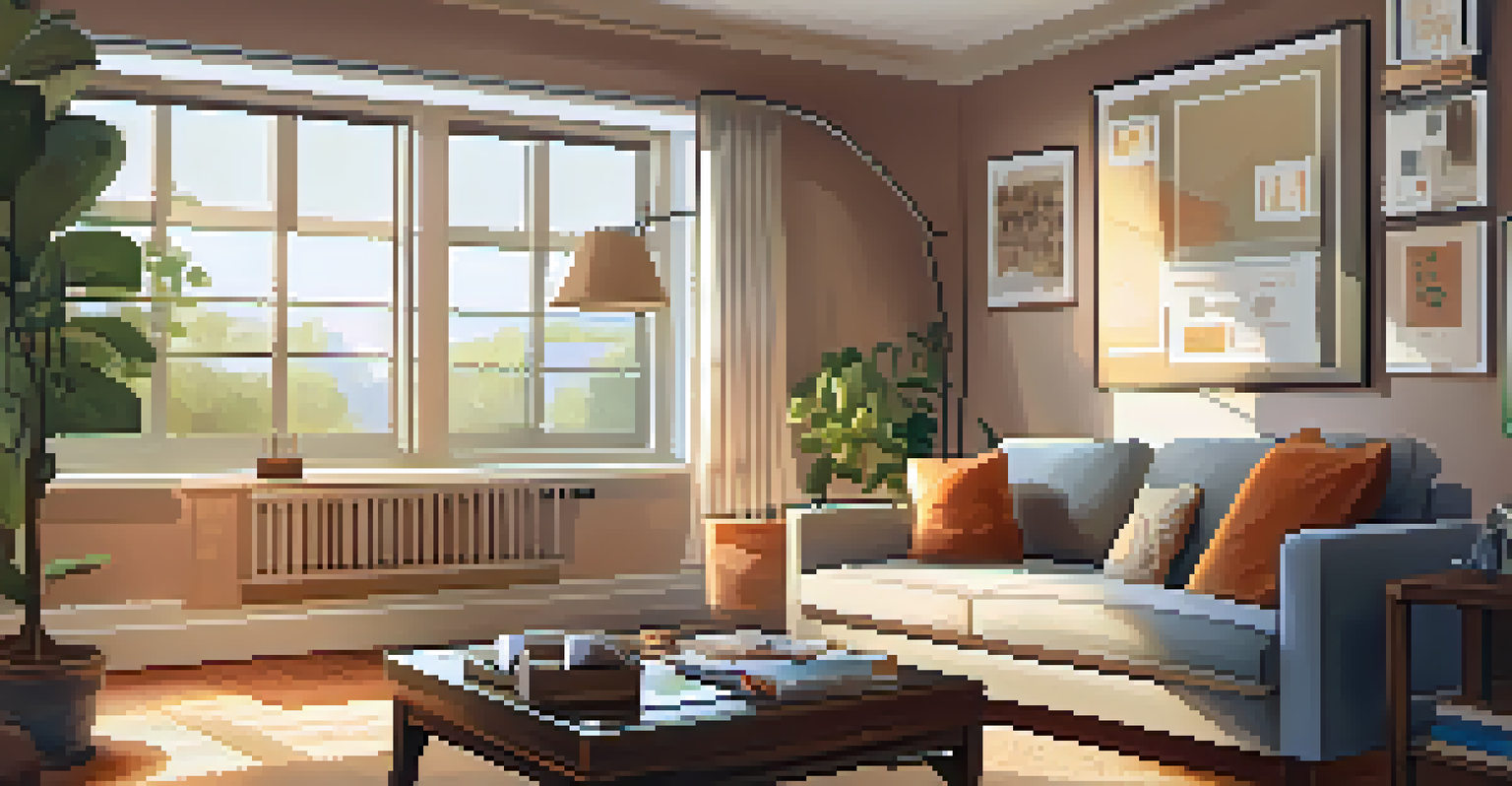 A cozy living room with a couch and coffee table, featuring a budgeting planner and calculator, warmly lit by sunlight from a window.