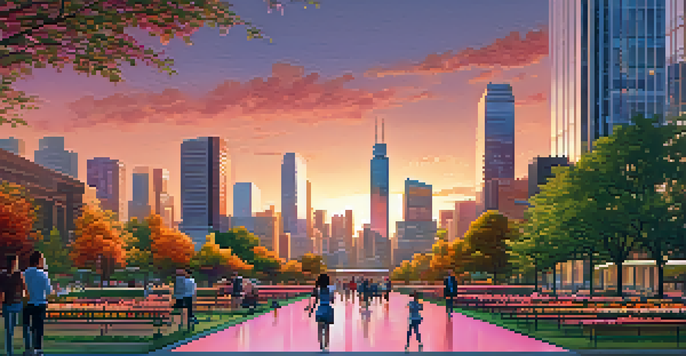 A vibrant sunset over a city skyline, with reflective glass buildings and a green park in the foreground filled with people and flowers.