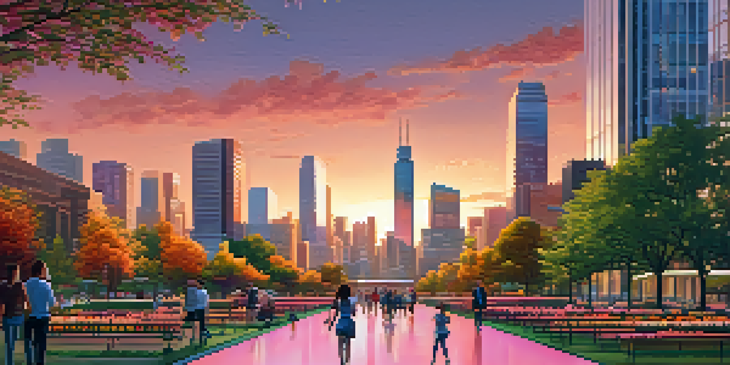 A vibrant sunset over a city skyline, with reflective glass buildings and a green park in the foreground filled with people and flowers.