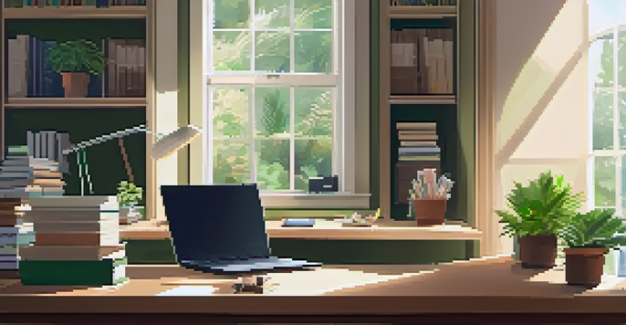 A peaceful home office with natural light, a wooden desk, a laptop, and financial planning books on a shelf.