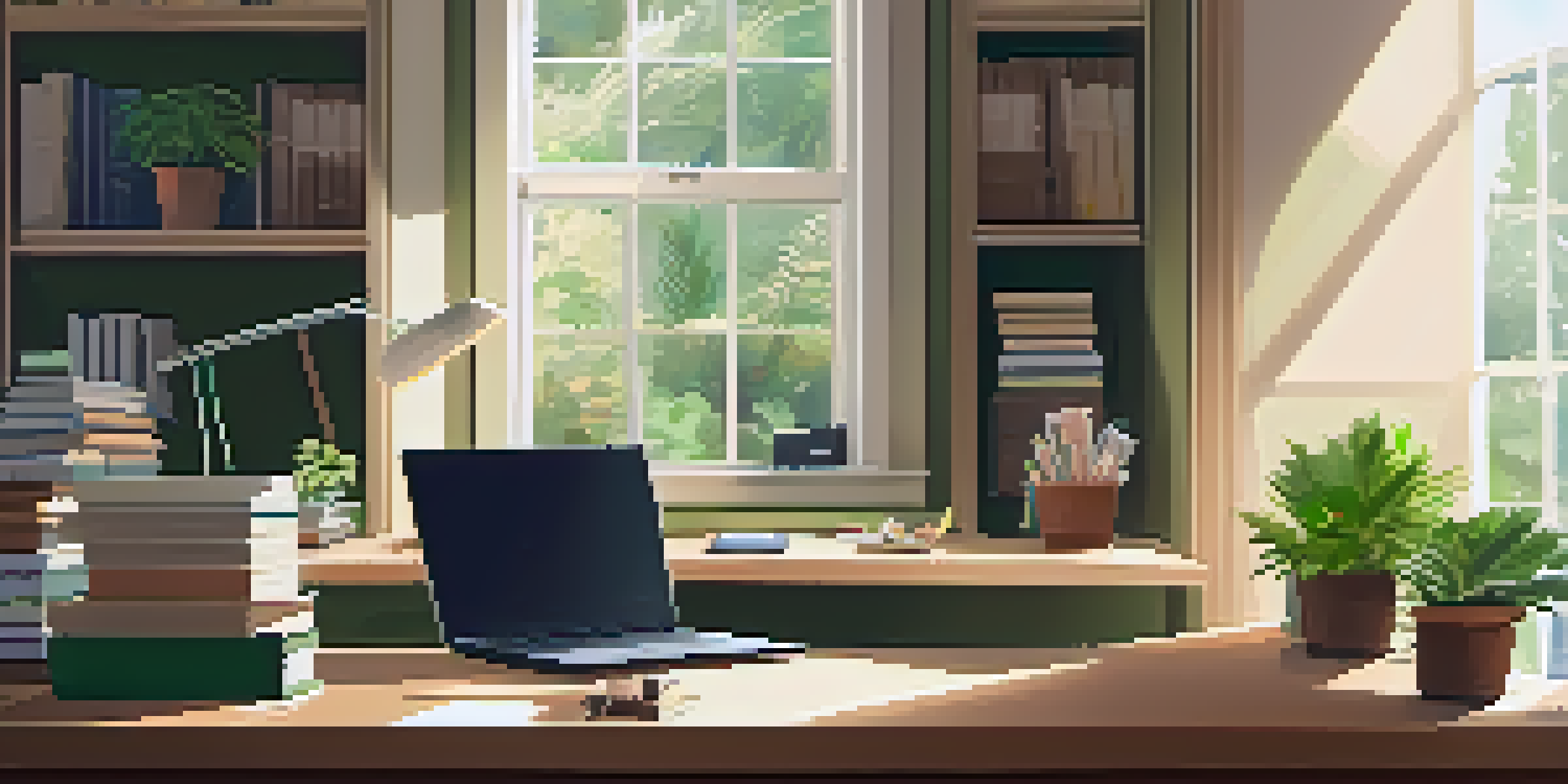 A peaceful home office with natural light, a wooden desk, a laptop, and financial planning books on a shelf.
