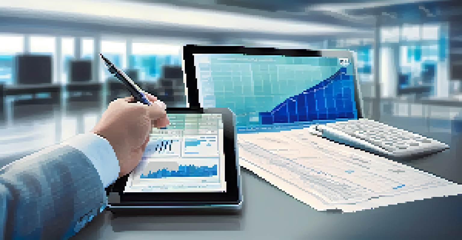 A close-up of a hand pointing at a financial graph on a digital tablet, with a calculator and a pen beside it in a modern office setting.
