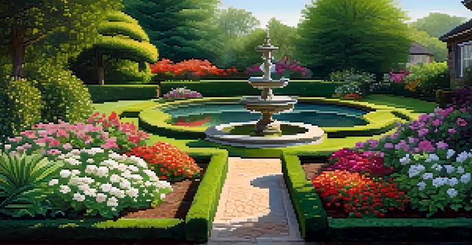 A gardener tending to vibrant flowers in a lush green garden, with sunlight filtering through the leaves.