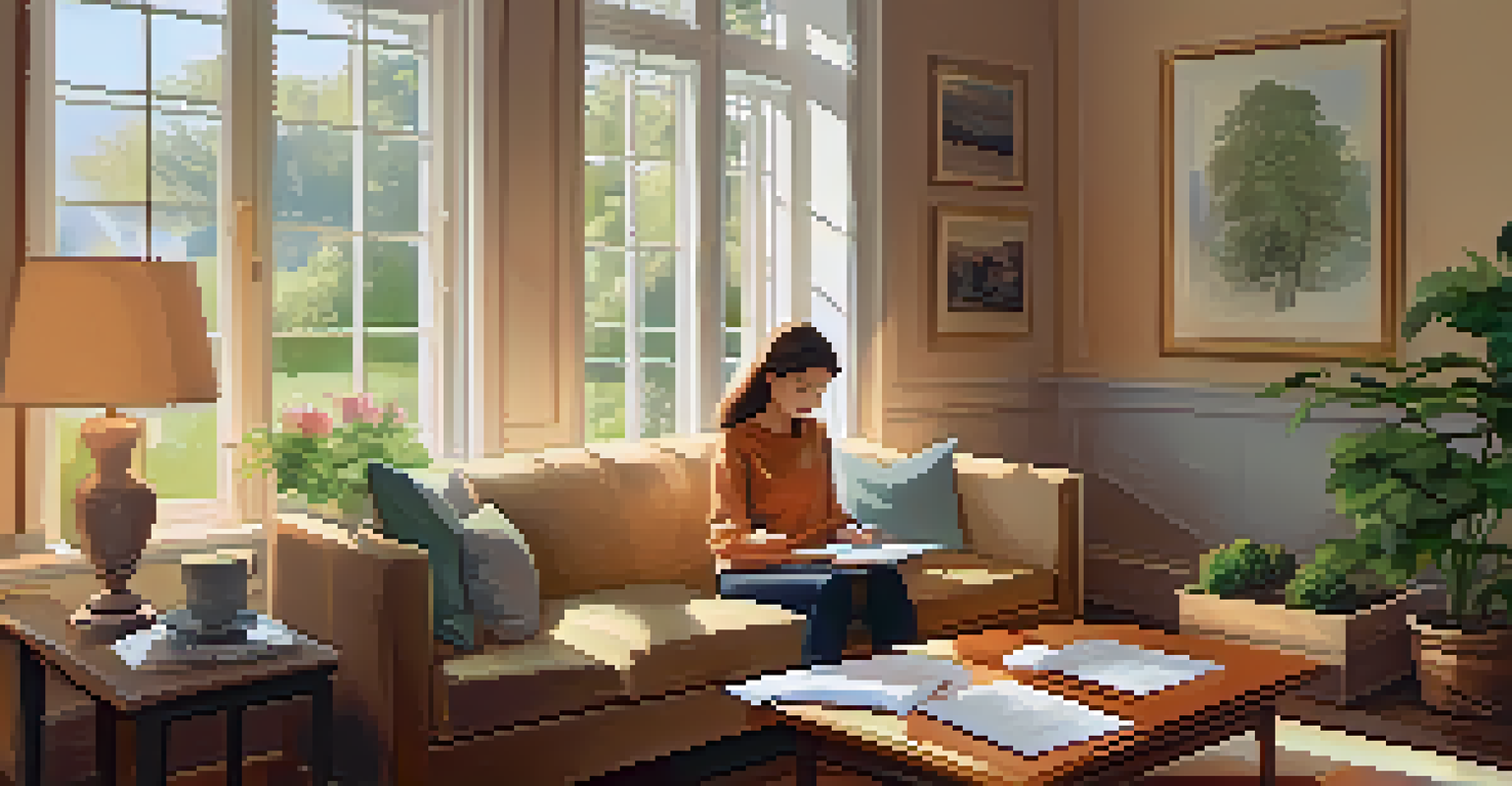 A young woman in a cozy living room reviewing financial documents, with a calculator and cup of coffee on the table.