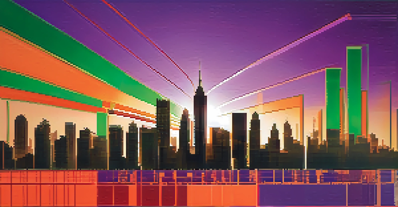 A stock market graph overlaying a city skyline at sunset, with vibrant colors representing opportunity and growth.