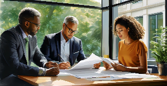 A diverse group of professionals gathered in an office, discussing pension plans with documents in hand, surrounded by plants and natural light.