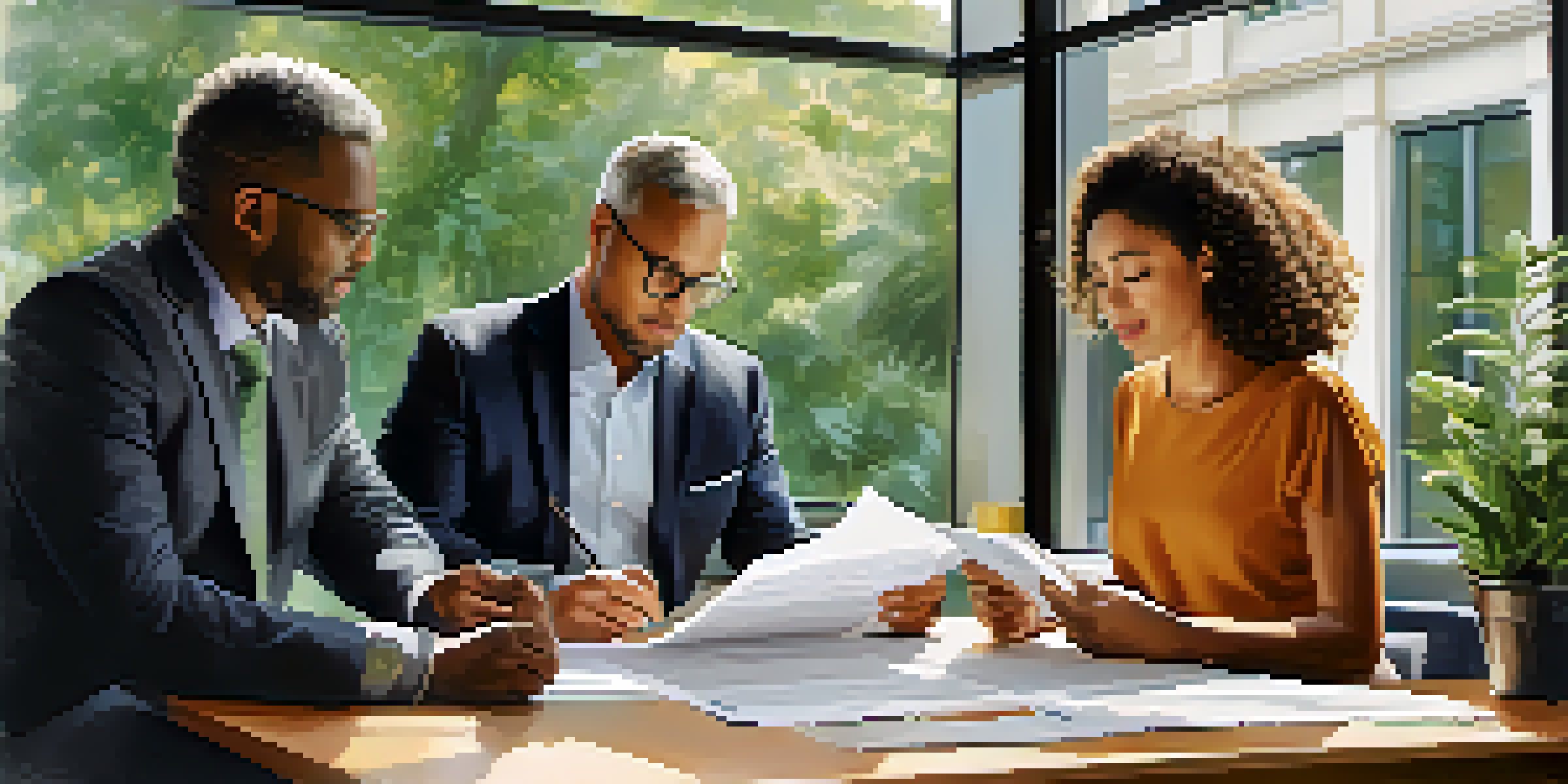 A diverse group of professionals gathered in an office, discussing pension plans with documents in hand, surrounded by plants and natural light.