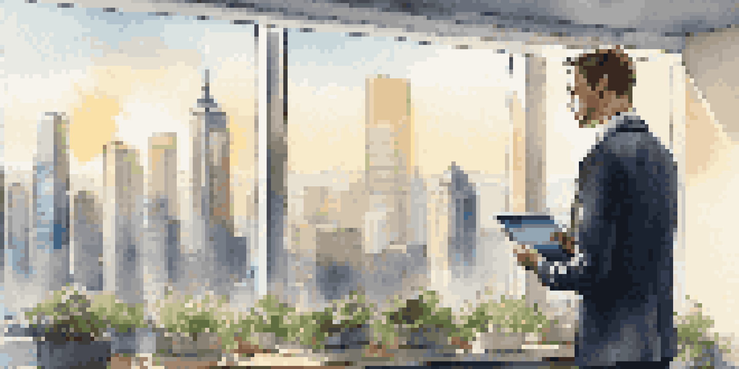 A confident professional in business attire stands in front of a city skyline, holding a tablet with financial data in a modern office.