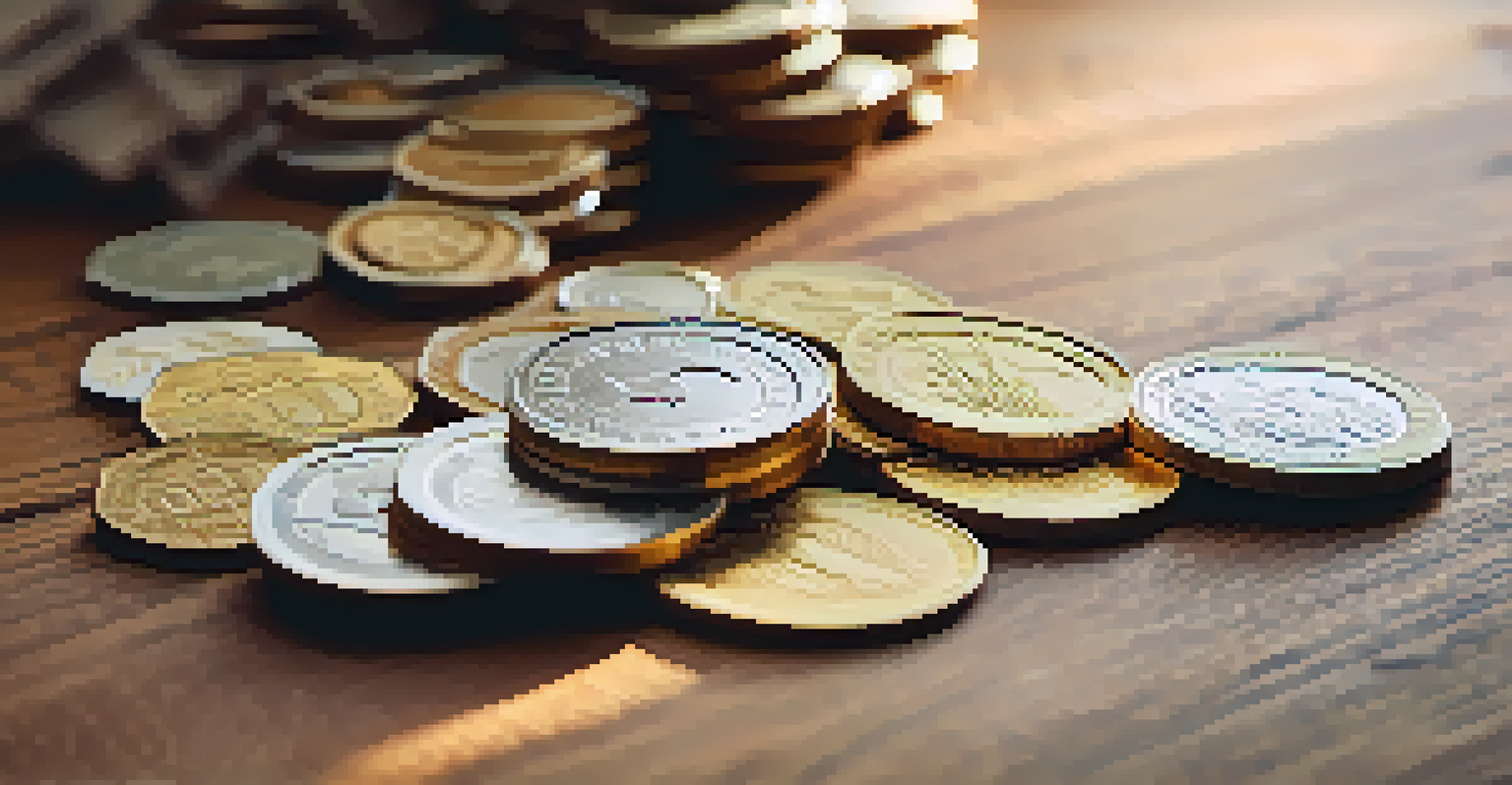Close-up of a stack of coins on a wooden table with sunlight, showcasing textures and a blurred background of financial documents.