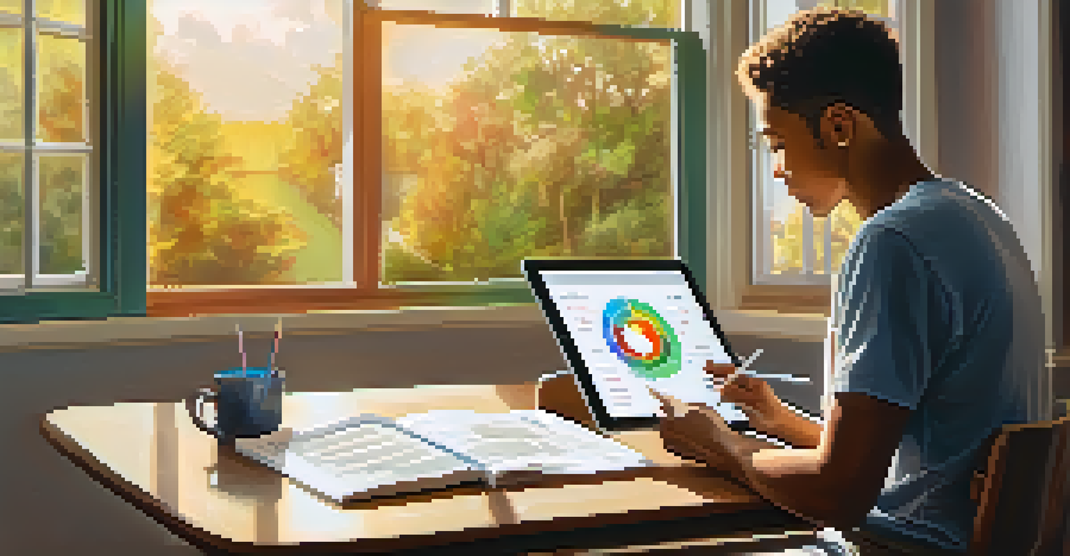 A focused individual reviewing their budget on a tablet at a dining table, with financial goals written on a notepad and sunlight illuminating the scene.