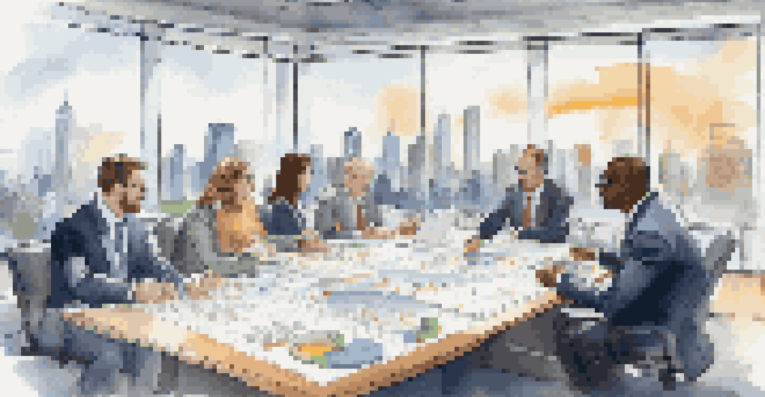 A diverse group of investors in an office discussing financial strategies around a conference table with charts.