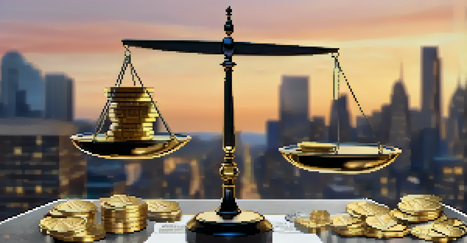 A balance scale with gold coins on one side and papers labeled 'Regulated' and 'Unregulated' on the other, with a sunset skyline in the background.