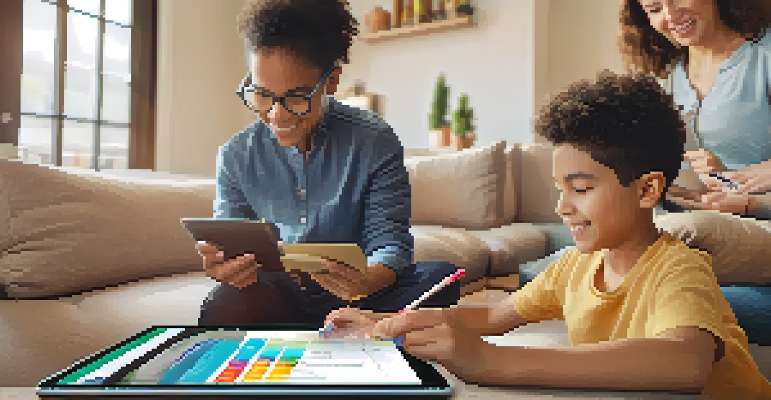 A young student interacts with a budgeting app on a tablet, with a family discussing finances in the background.