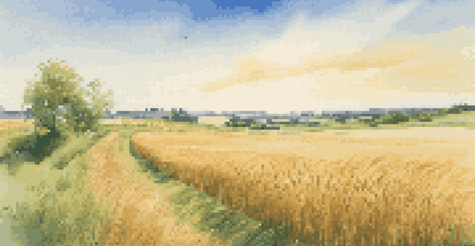 A vibrant green field with a wooden signpost indicating different commodities, under a clear blue sky.