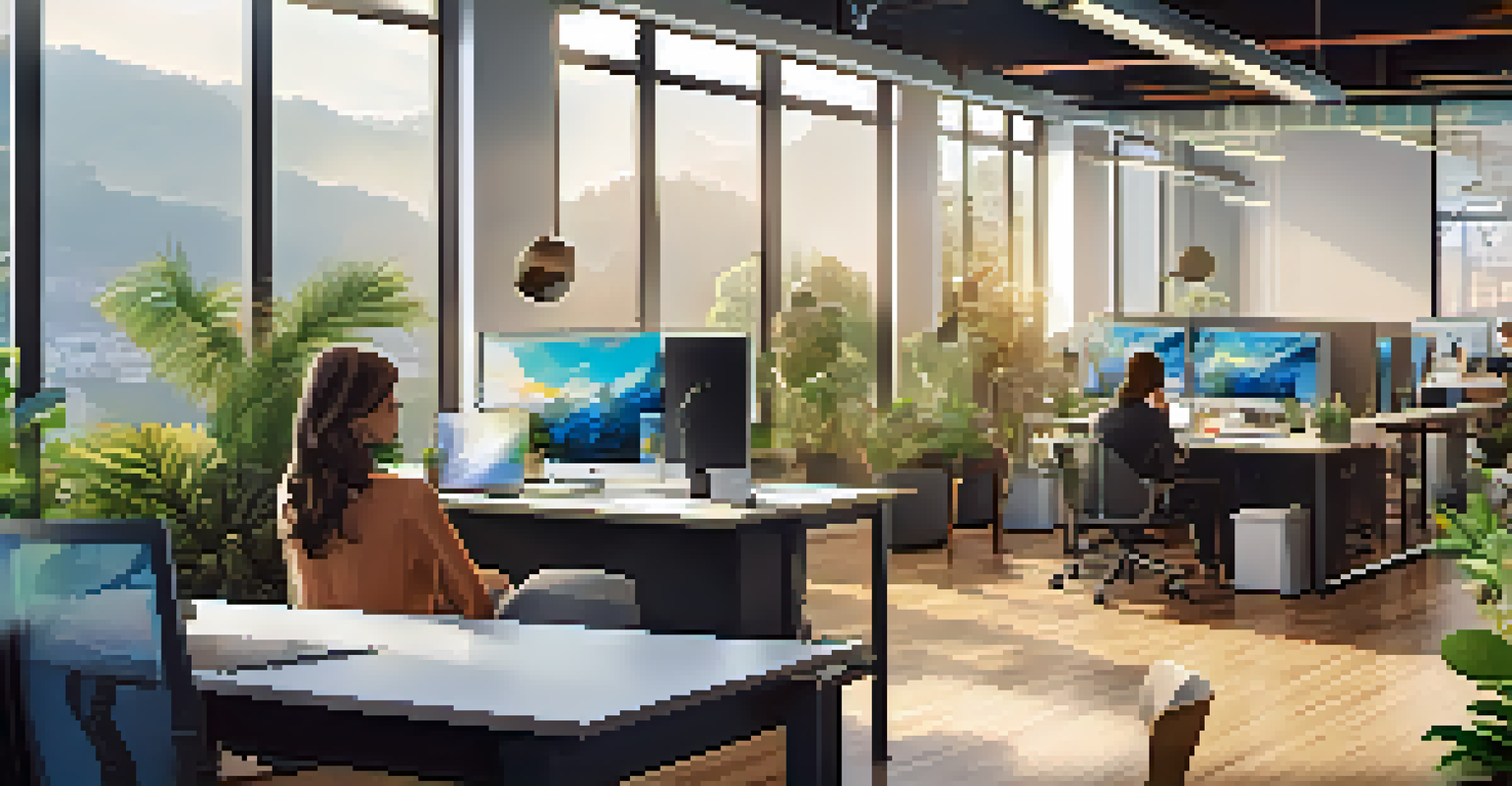 A modern tech startup office in Brazil with young professionals collaborating in a bright and creative space.