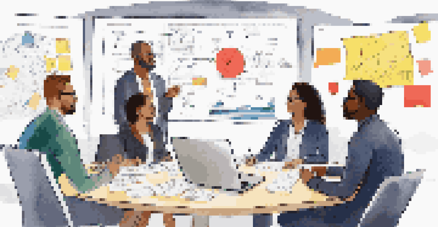 A diverse group of people collaborating at a round table with laptops and sticky notes, representing teamwork and innovation.