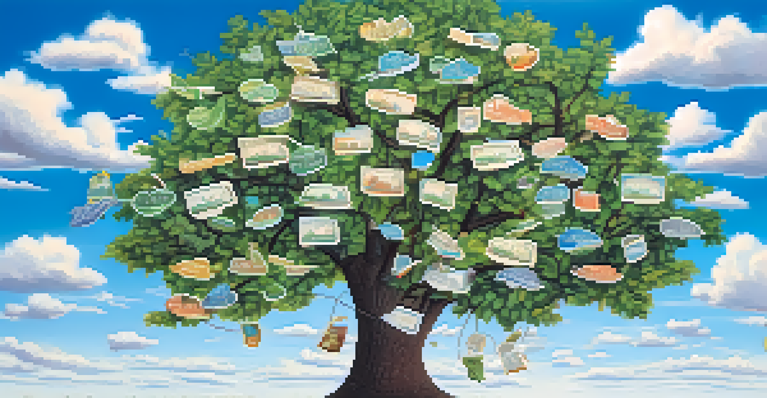 A tree with branches labeled stocks, bonds, and real estate, filled with vibrant leaves under a bright blue sky, symbolizing diversification.