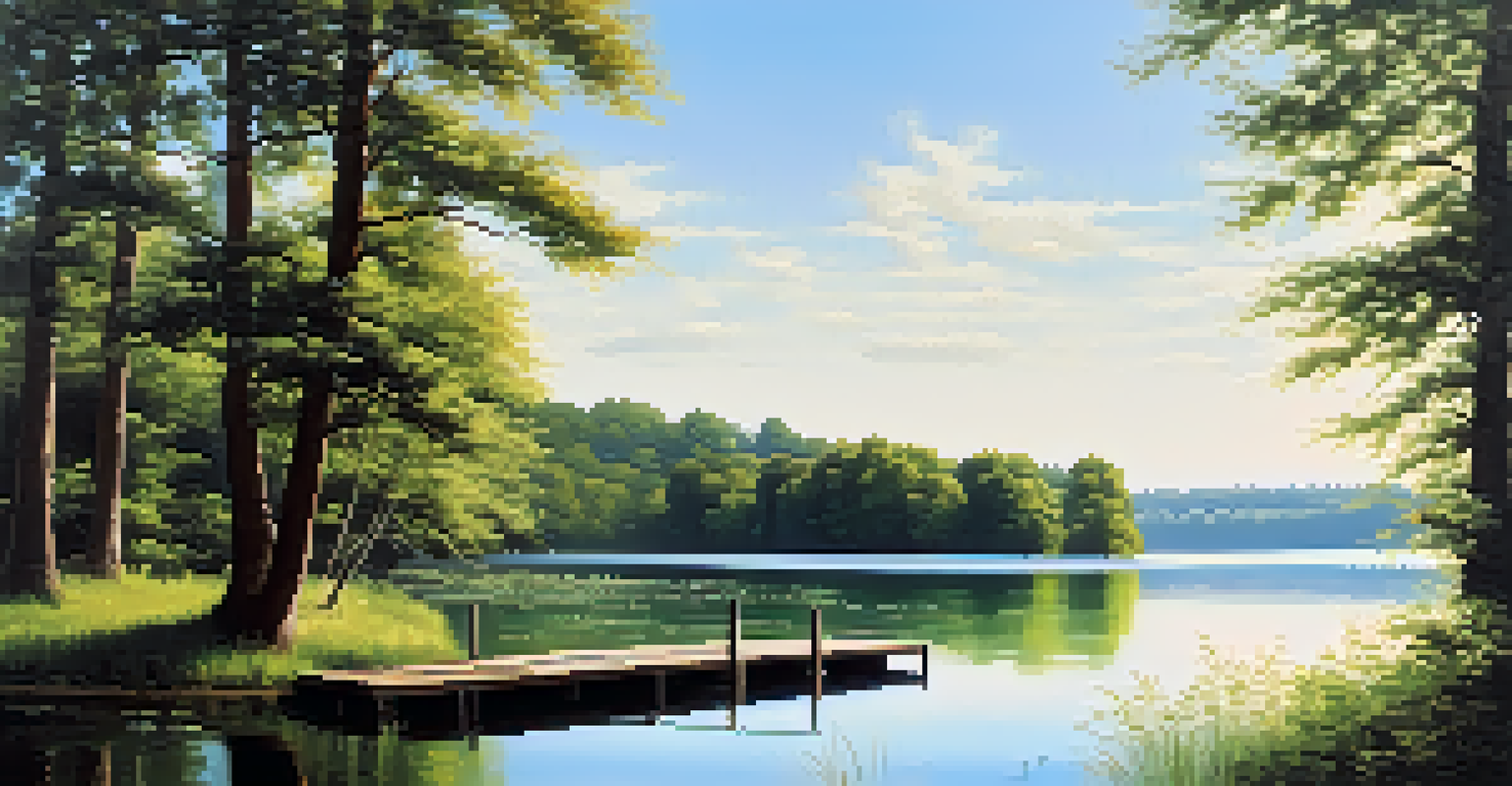 A peaceful lake scene with trees and a wooden dock under a clear sky, reflecting sunlight.