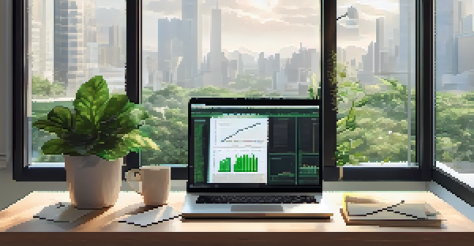 A modern office workspace featuring a wooden desk with a laptop showing stock market graphs and a notebook with investment notes, illuminated by natural light and a plant in the corner.