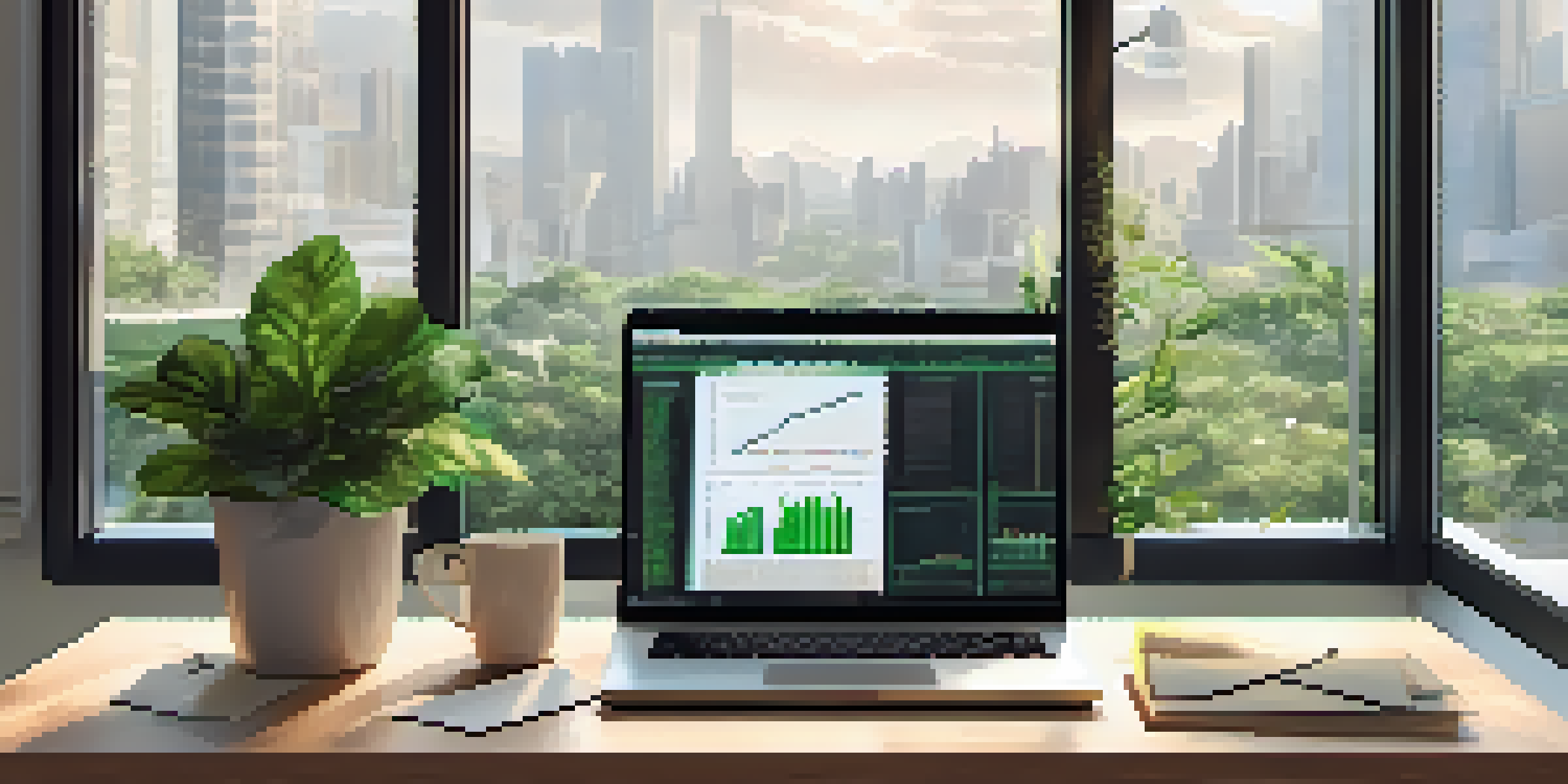 A modern office workspace featuring a wooden desk with a laptop showing stock market graphs and a notebook with investment notes, illuminated by natural light and a plant in the corner.