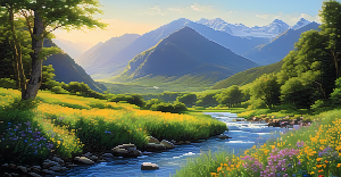 A tranquil valley with a river, mountains, and wildflowers under a blue sky.