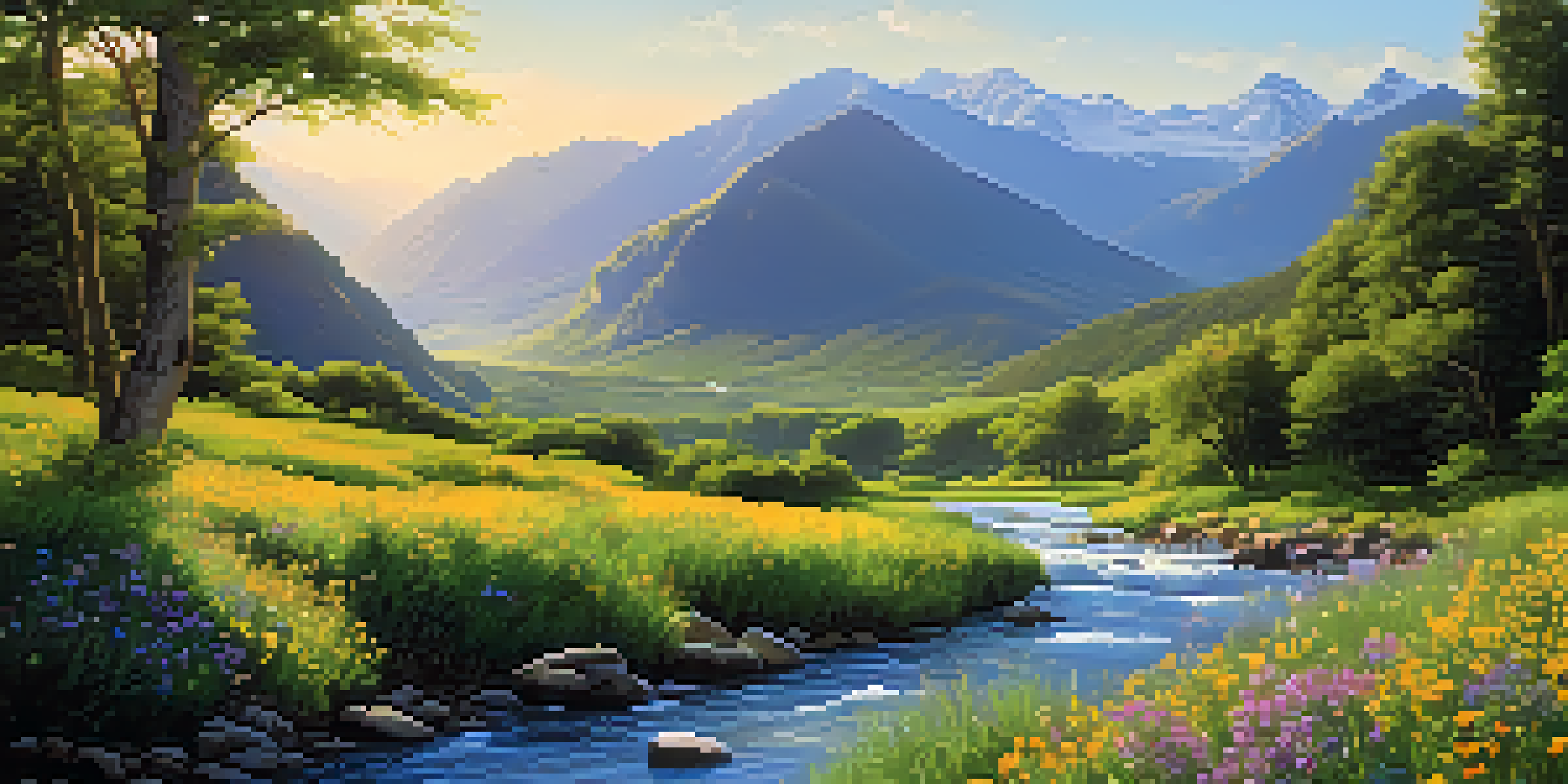 A tranquil valley with a river, mountains, and wildflowers under a blue sky.