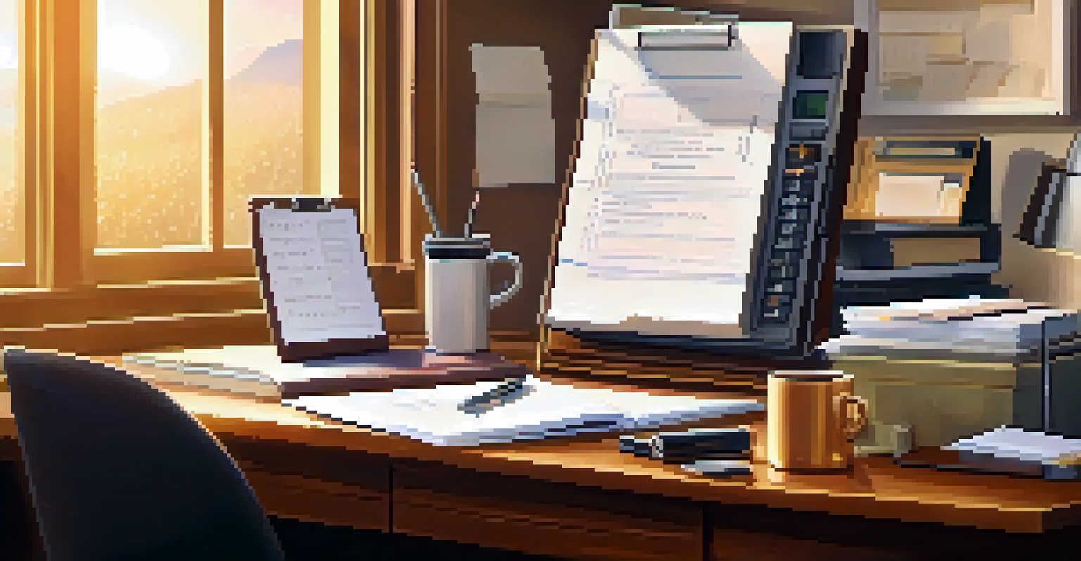 A financial planner's desk with documents, a calculator, a cup of coffee, and notes, illuminated by soft morning light.