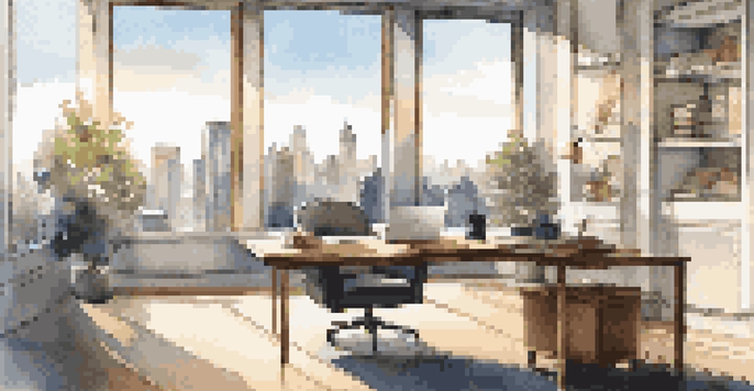 A stylish office space with a city view, featuring a wooden desk with a laptop and coffee, illuminated by natural light.