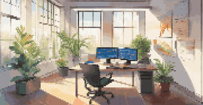 A modern office space with a desk, computer displaying graphs, and a potted plant, representing Monte Carlo simulations.