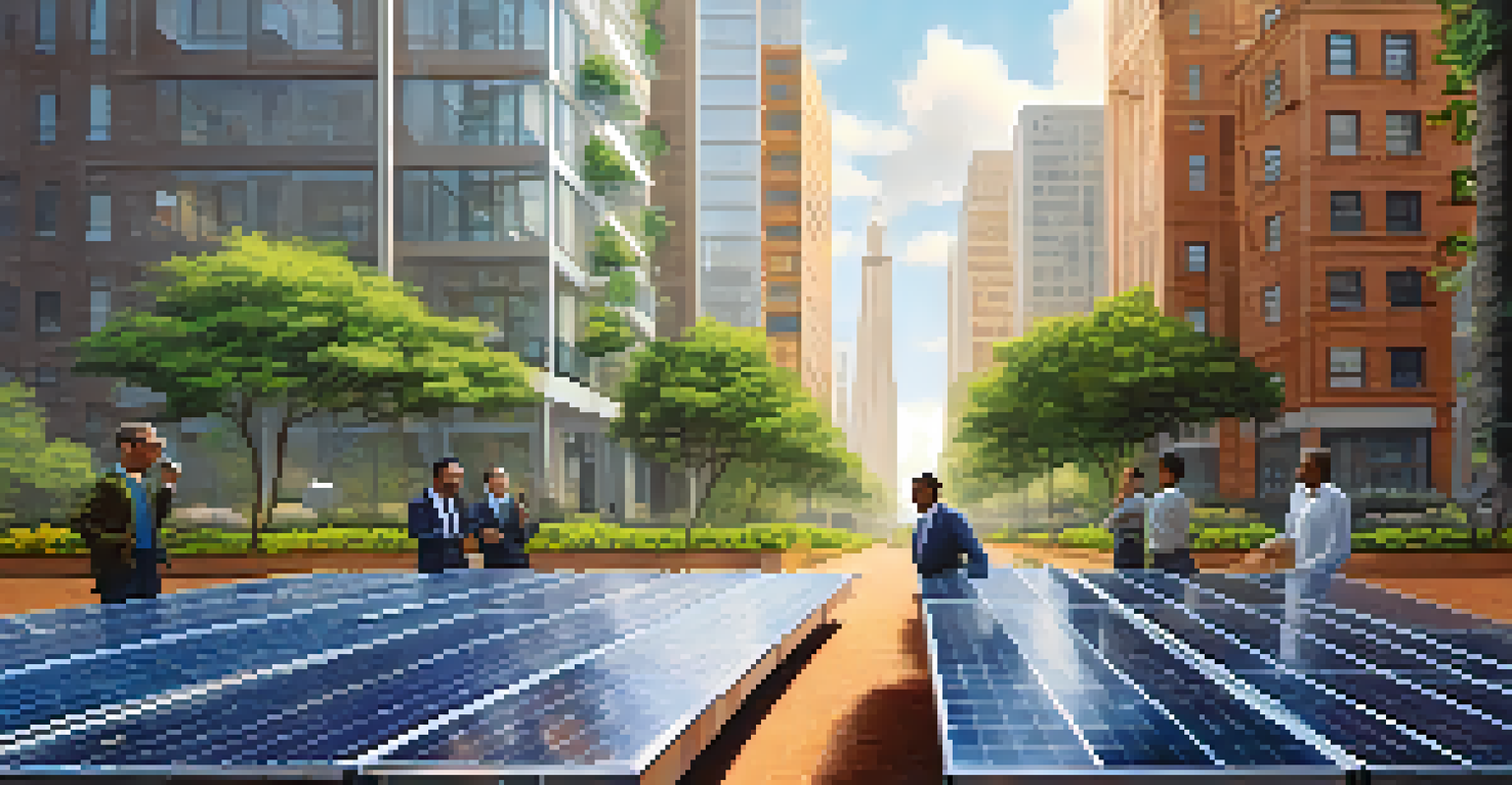 An investor and a local leader discussing renewable energy projects in an urban setting, surrounded by greenery and solar panels, representing sustainable development.