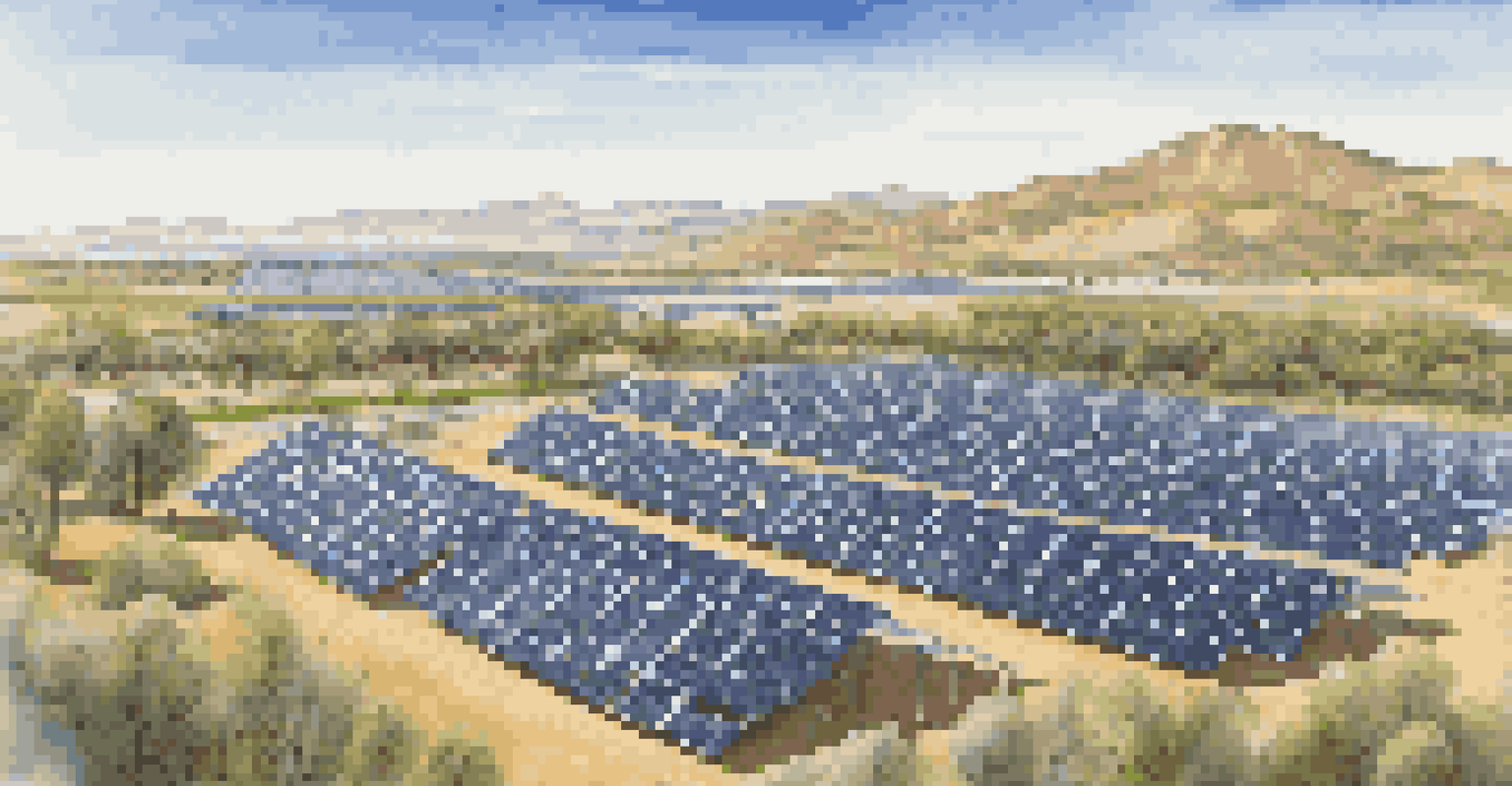 An aerial shot of a solar energy farm with solar panels and surrounding vegetation, highlighting the commitment to sustainability.