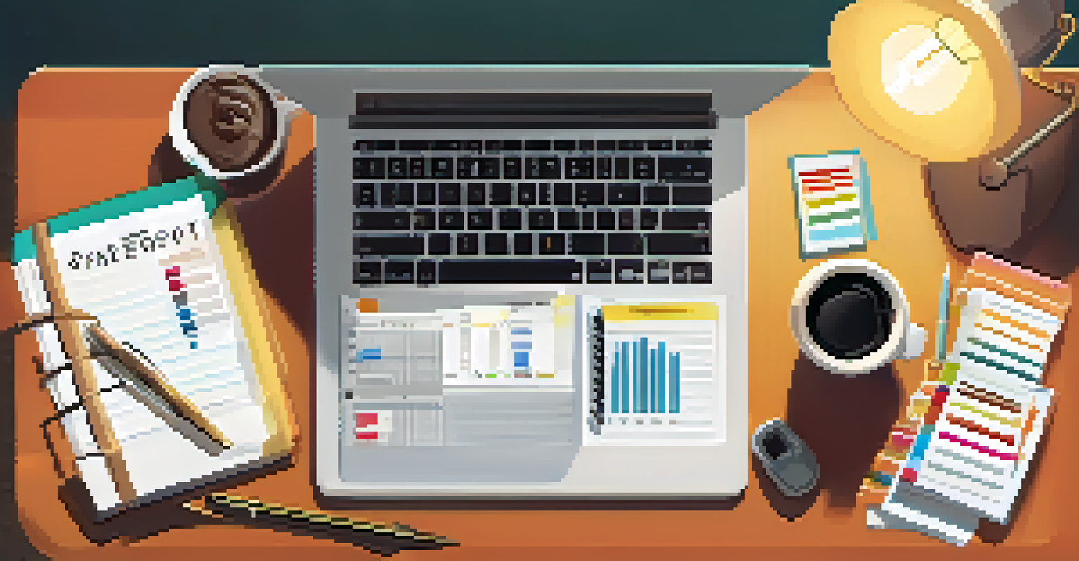 An organized desk with a budget planner, graphs, and financial statements in a cozy setting.