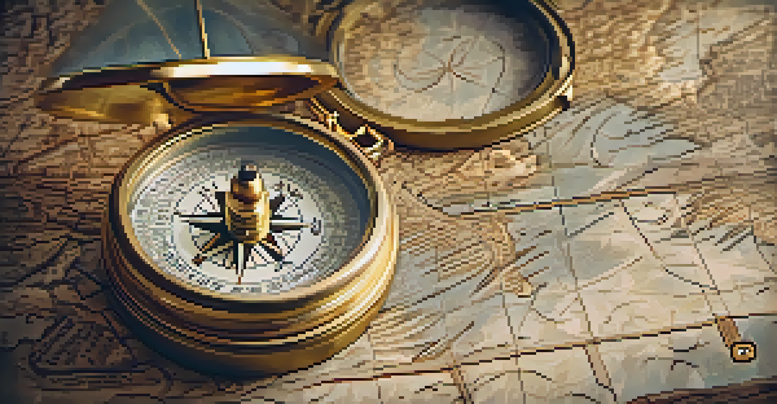 A close-up of a vintage compass on an old map, illuminated by soft sunlight.
