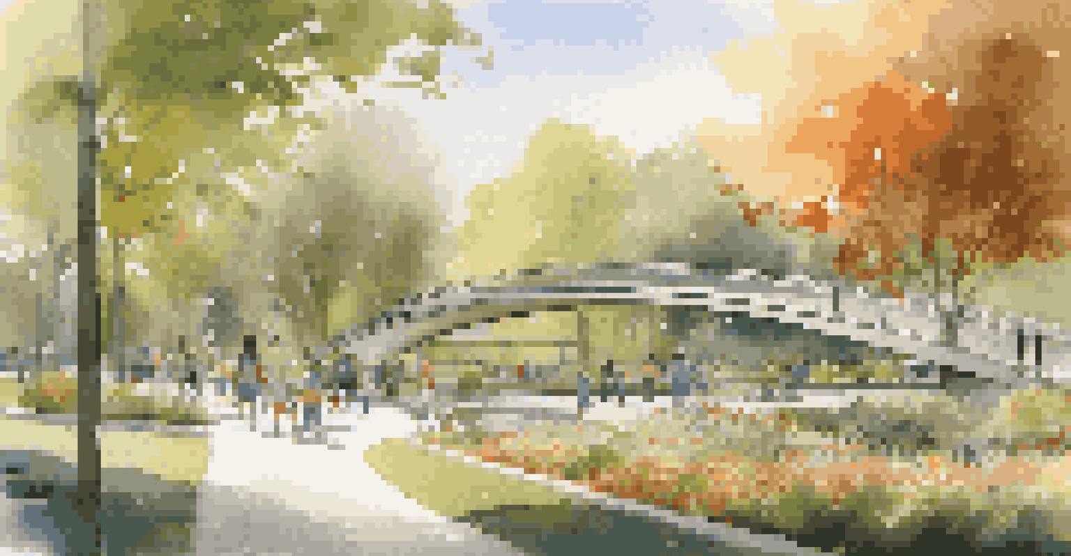 A peaceful park scene featuring families enjoying the outdoors with a modern pedestrian bridge in the background.
