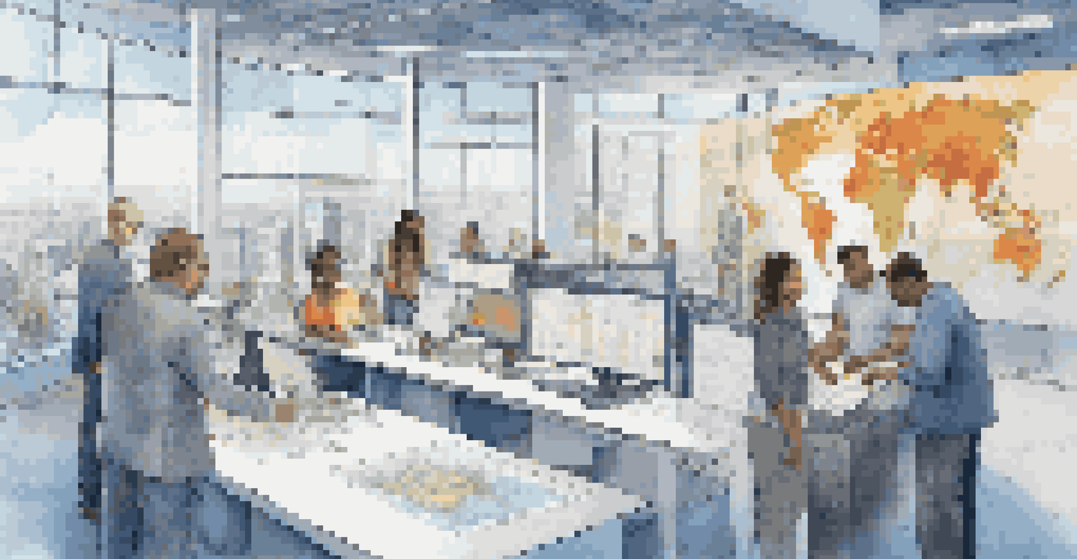 A diverse group of people collaborating on an infrastructure blueprint in a modern office with a world map in the background.