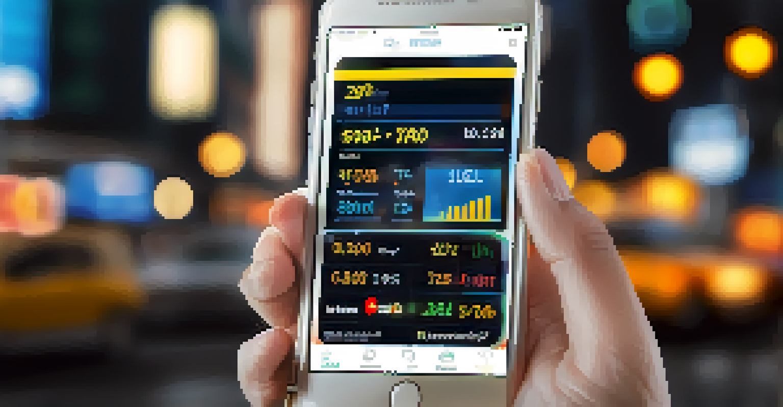 A hand holding a smartphone with a trading app showing live market data, with a blurred city street background at night.