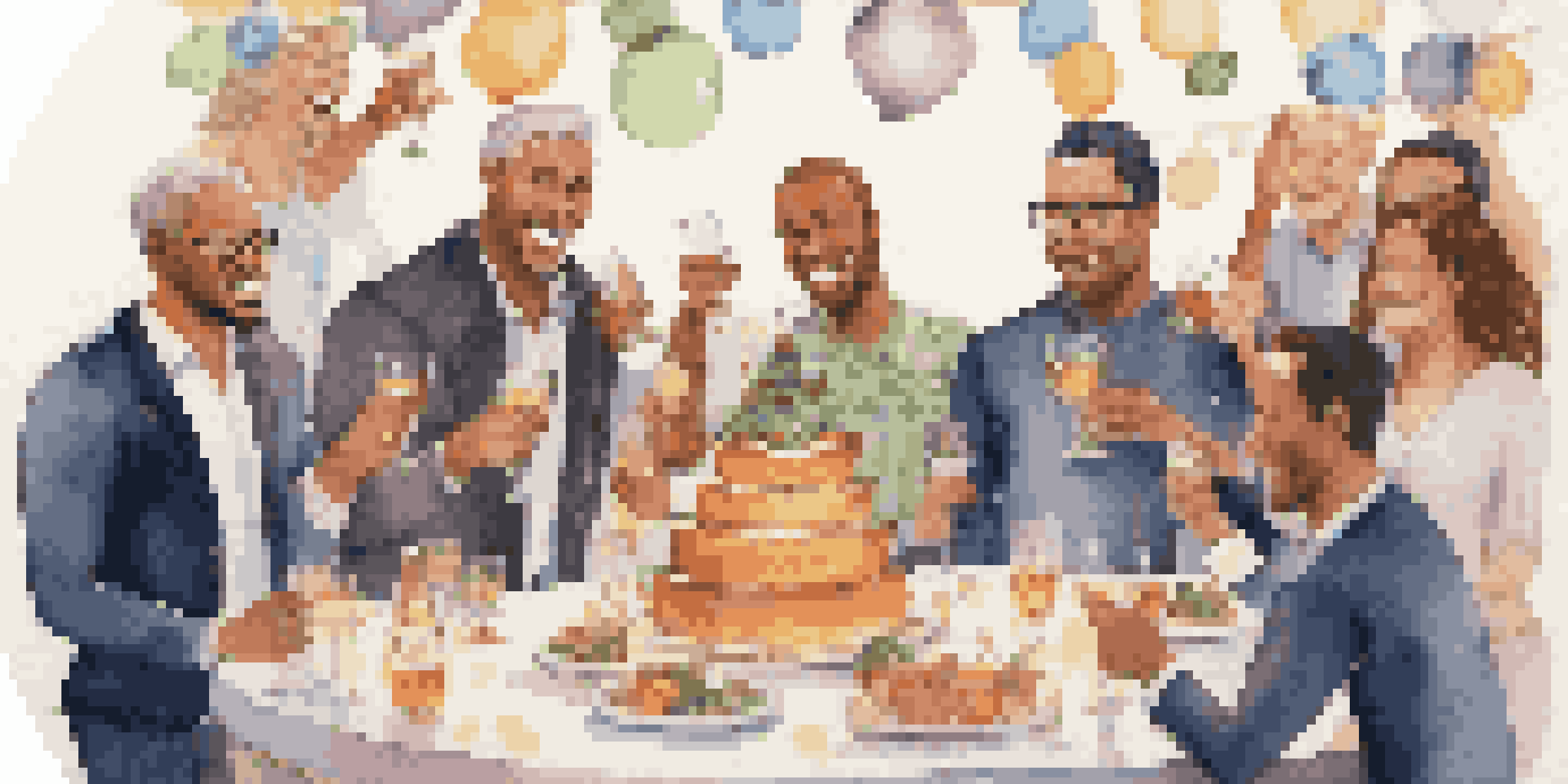 A team celebrating their success with raised glasses and a cake on the table, surrounded by festive decorations.