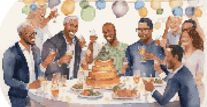 A team celebrating their success with raised glasses and a cake on the table, surrounded by festive decorations.