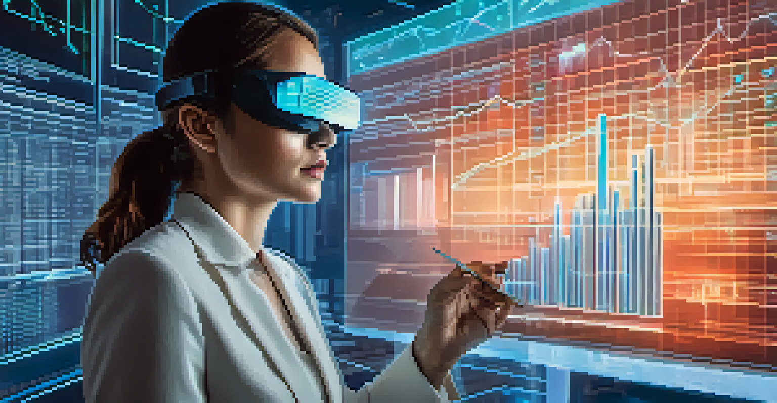 A person using augmented reality glasses to analyze stock data in a virtual environment, with holographic charts and graphs in the background.