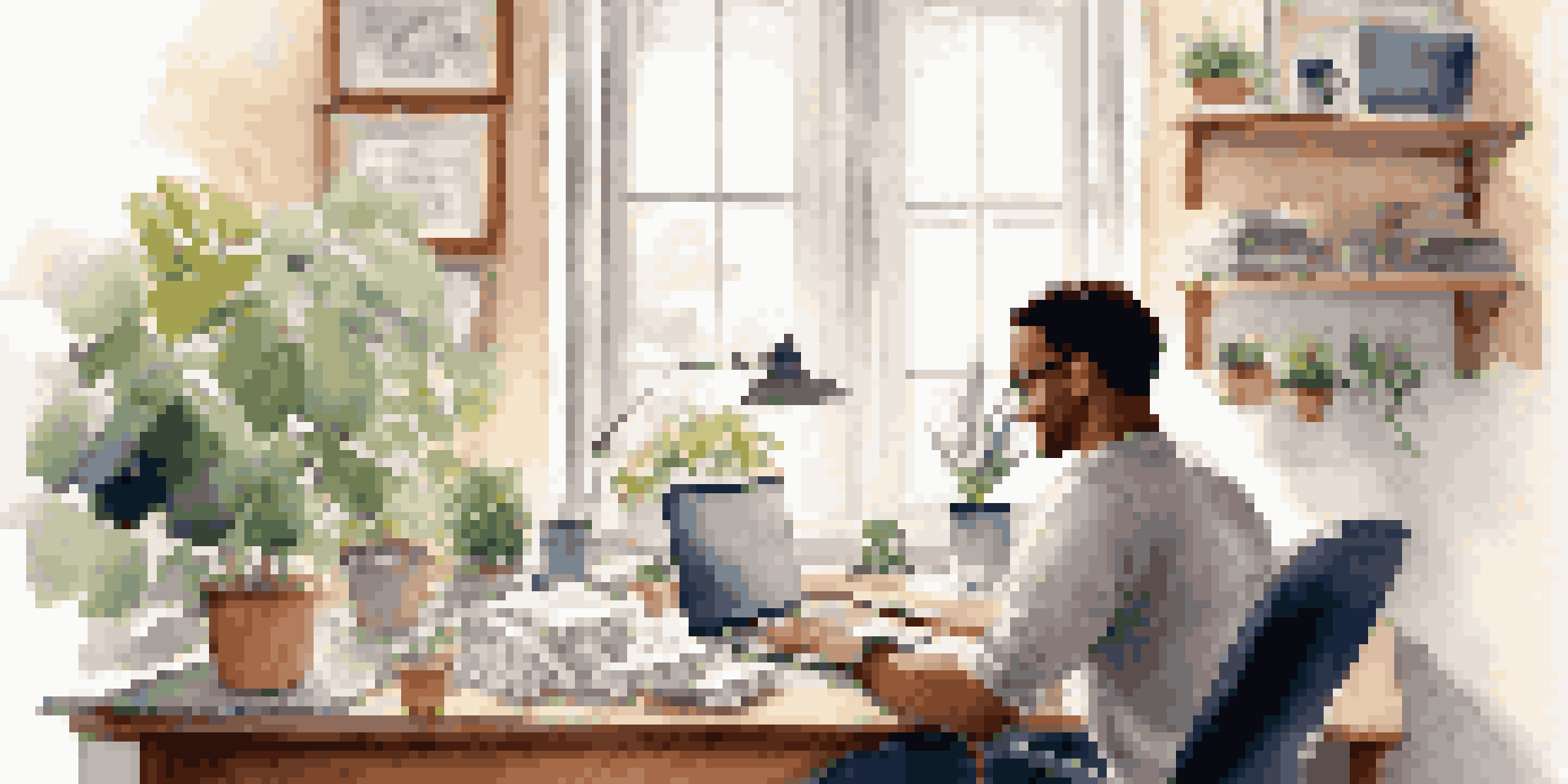 A person working at a desk in a bright home office, budgeting their finances with a laptop and plants around.