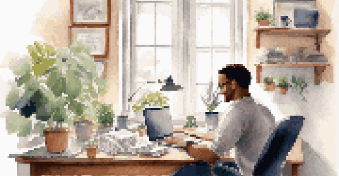 A person working at a desk in a bright home office, budgeting their finances with a laptop and plants around.