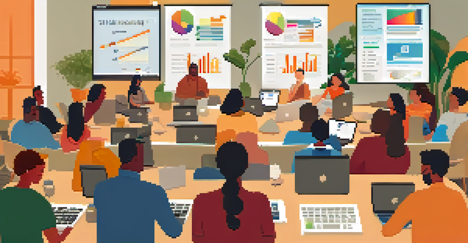 A group of diverse individuals participating in an online financial education webinar, with a presentation screen in the background.