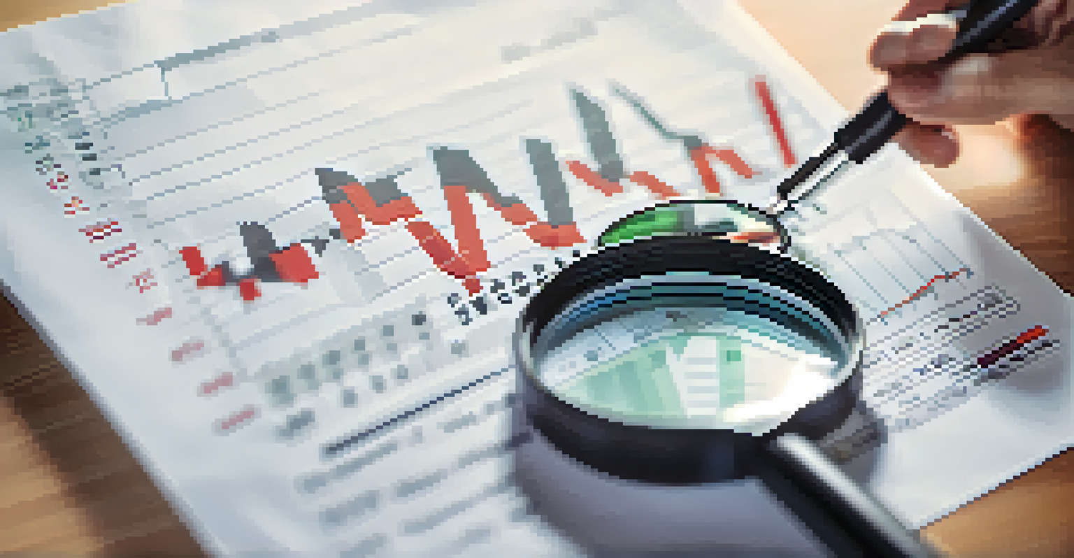 A hand holding a magnifying glass over a financial growth chart with office documents in the background.