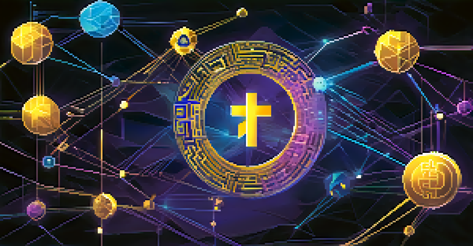An abstract illustration of decentralized finance with glowing nodes and blockchain symbols against a dark background, showcasing innovation in digital transactions.