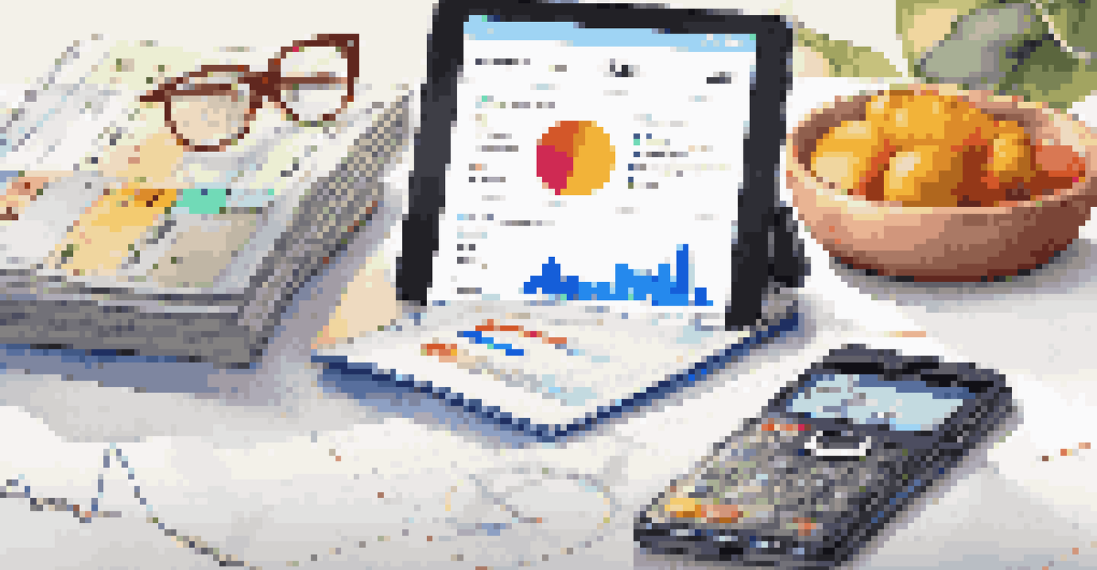A smartphone showing a budgeting app with graphs and charts on a marble countertop, along with reading glasses and a notebook.
