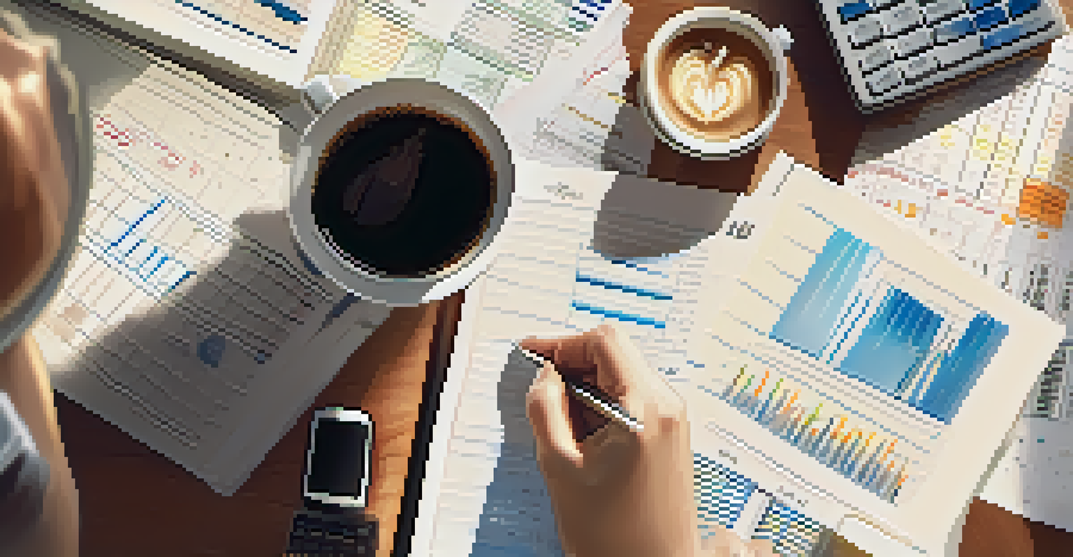 Close-up of hands writing in a notebook with financial data, a calculator, and a laptop on a table, in a bright and productive setting.