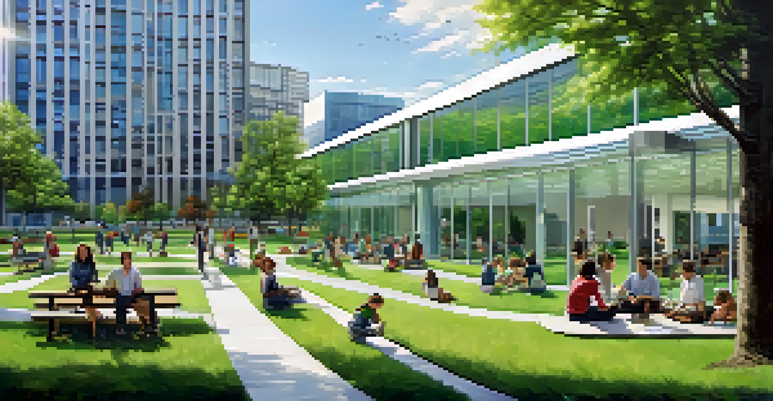 A modern office building with solar panels, a green park in front with diverse people enjoying the outdoors.