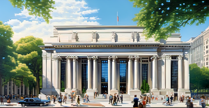 A grand central bank building with large columns and a glass facade, surrounded by people and trees, under a clear blue sky.