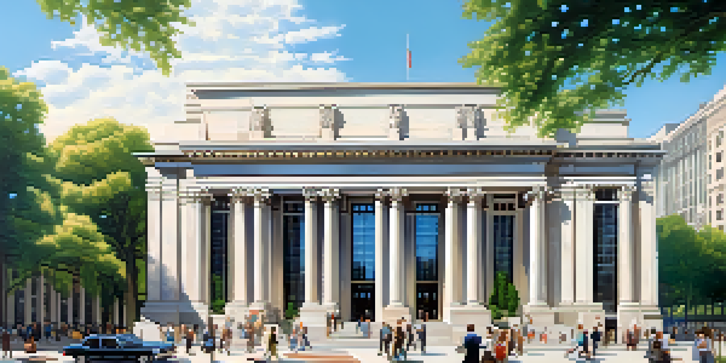 A grand central bank building with large columns and a glass facade, surrounded by people and trees, under a clear blue sky.